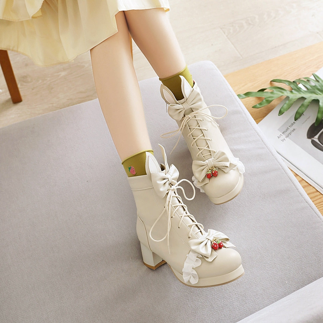 Kawaii Tan Strawberry Bunny Lolita Shoes