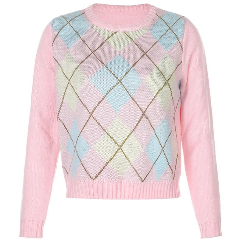 Kawaii Pink Argyle Crew Neck Jumper