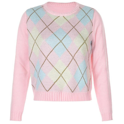 Kawaii Pink Argyle Crew Neck Jumper