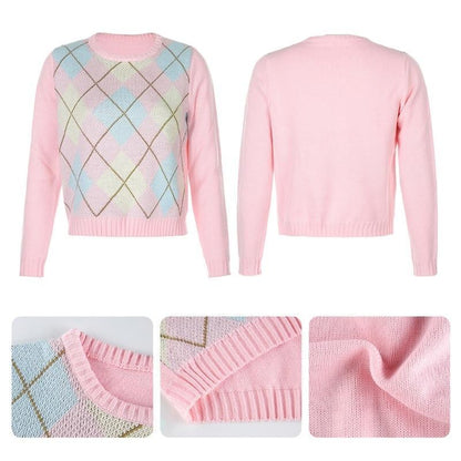 Kawaii Pink Argyle Crew Neck Jumper