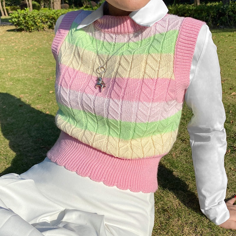 Model Wearing Kawaii Pastel Rainbow Sweater Vest with White Collared Shirt