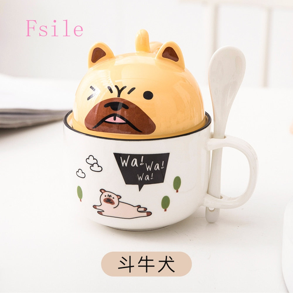 Kawaii Dog Ceramic Mug With Lid and Spoon