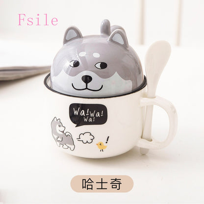 Kawaii Husky Ceramic Mug With Lid and Spoon