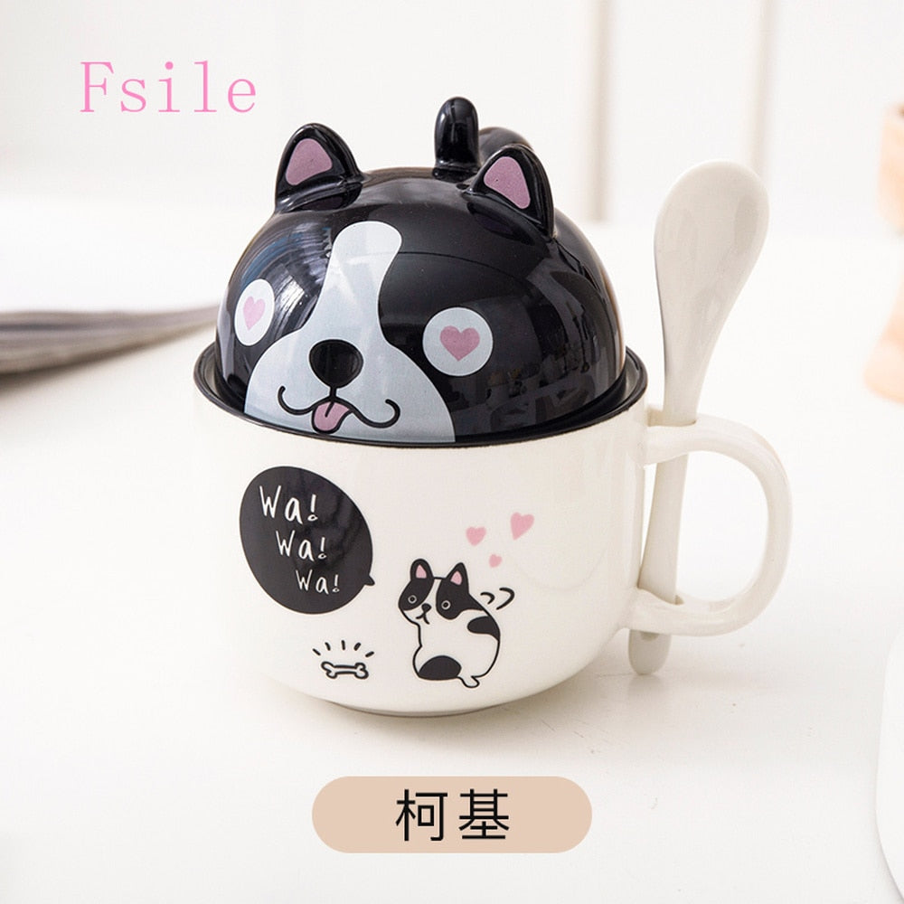 Kawaii Puppy Ceramic Mug With Lid and Spoon