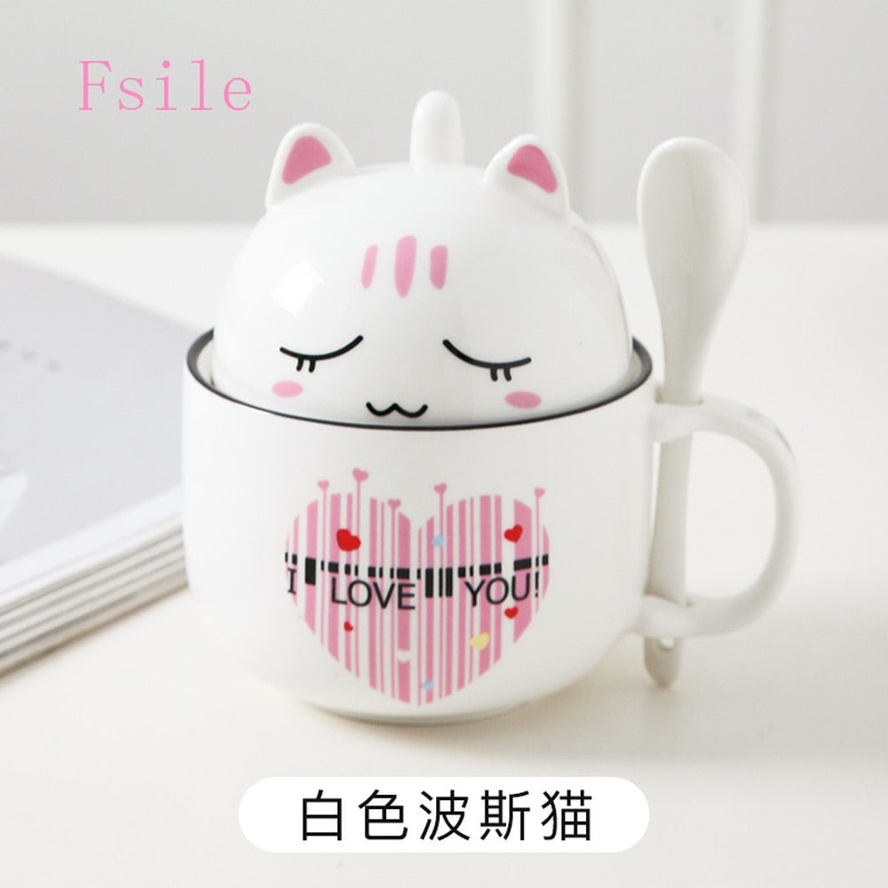 Kawaii White Cat Ceramic Mug With Lid and Spoon