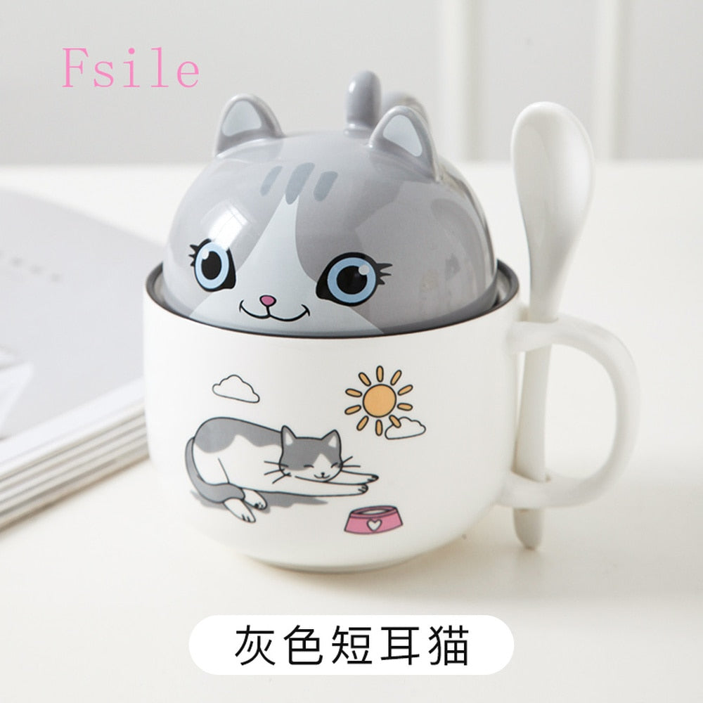 Kawaii Grey Cat Ceramic Mug With Lid and Spoon