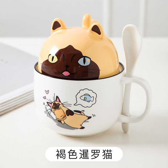Kawaii Siamese Cat Ceramic Mug With Lid and Spoon