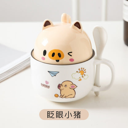 Kawaii Pig Ceramic Mug With Lid and Spoon