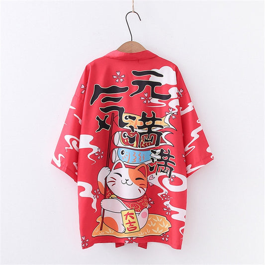 Kawaii Red Fortune Cat Kimono