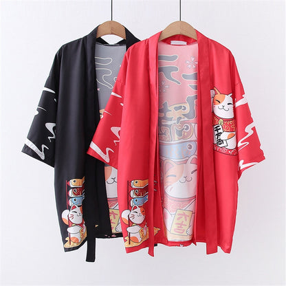Kawaii Red and Black Fortune Cat Kimonos