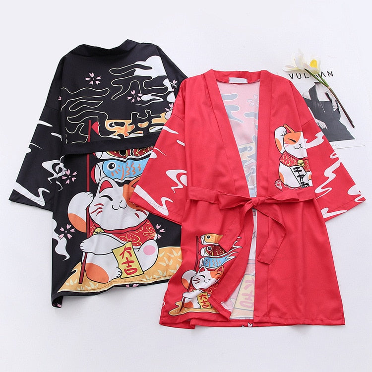 Kawaii Red and Black Fortune Cat Kimonos