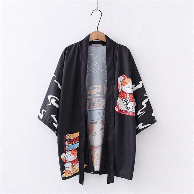 Kawaii Black Fortune Cat Kimono