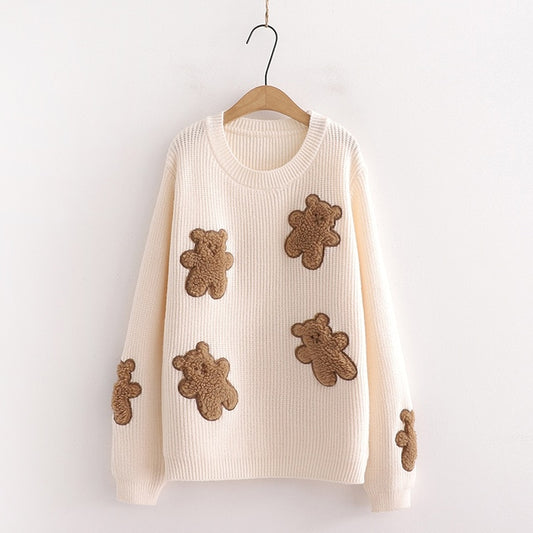 Kawaii Cream Teddy Bear Embroidered Sweater