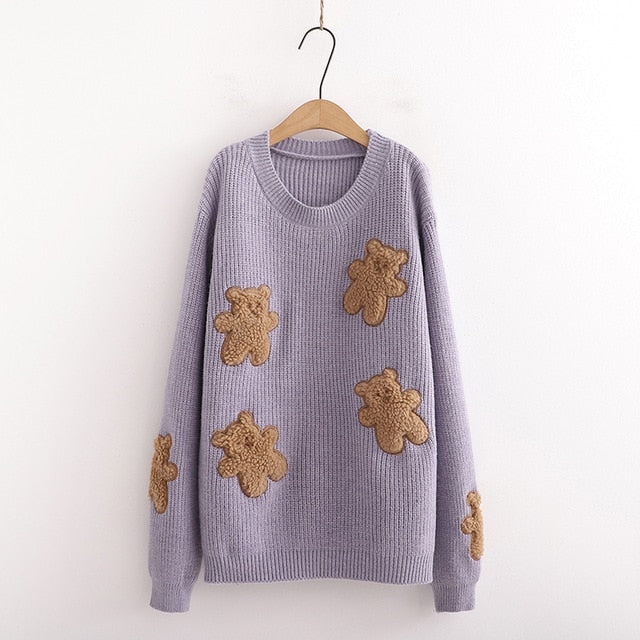 Kawaii Purple Teddy Bear Embroidered Sweater