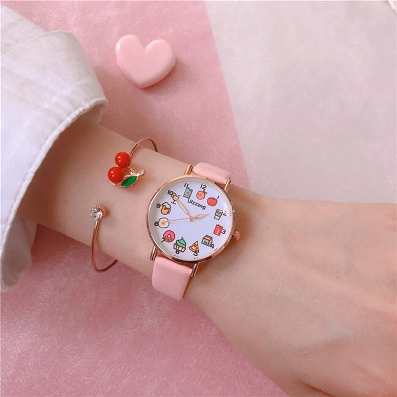 Kawaii Watch and Cherry Bracelet in Pink