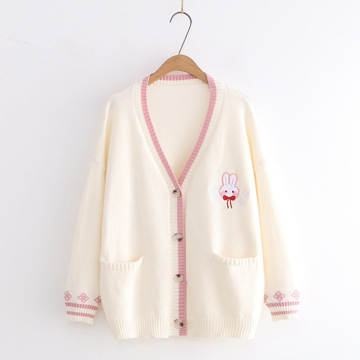 Kawaii Cream Colored Bunny Embroidered Cardigan