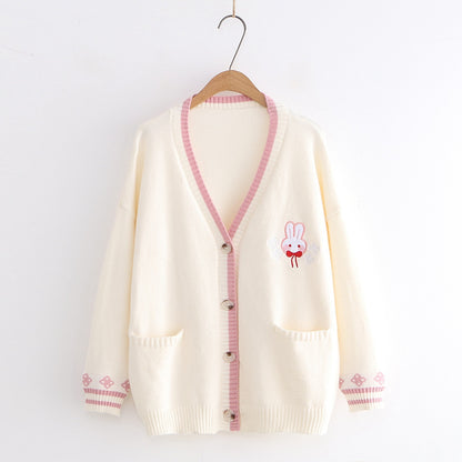 Kawaii Cream Colored Bunny Embroidered Cardigan