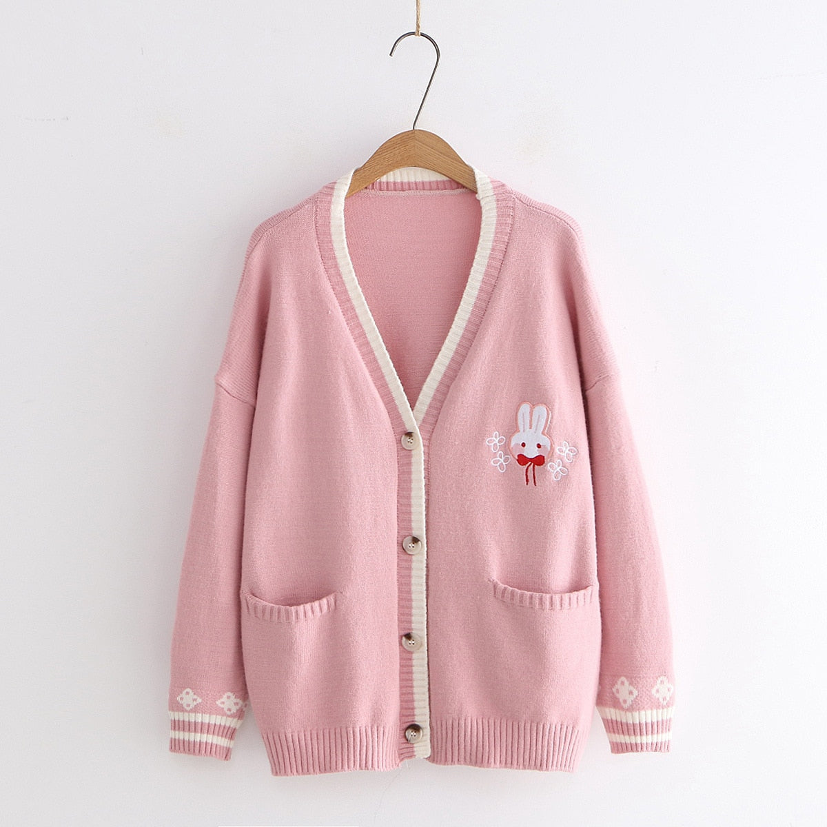 Kawaii Bunny Pink Embroidered Cardigan