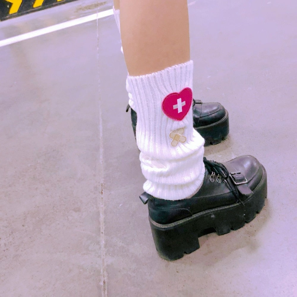 Kawaii White Leg Warmers iwth band-aid design