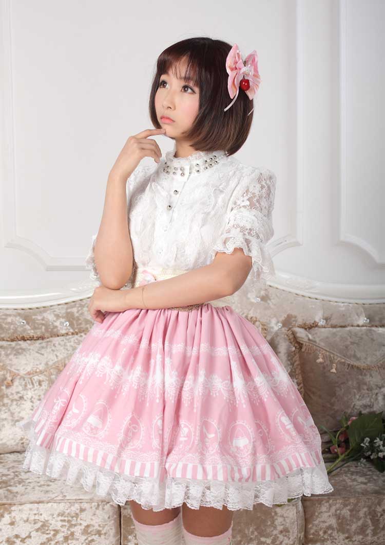 Model Wearing Our Cute Sweet Lolita Chandelier Print Skirt