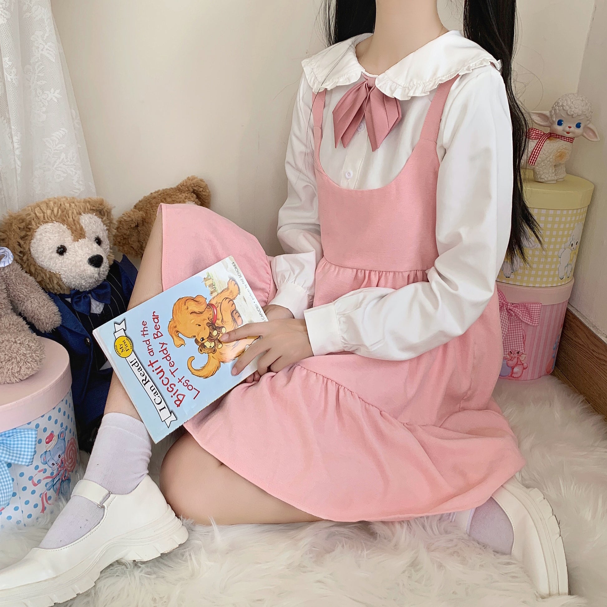 Kawaii Bunny Pink Suspender Dress With Shirt