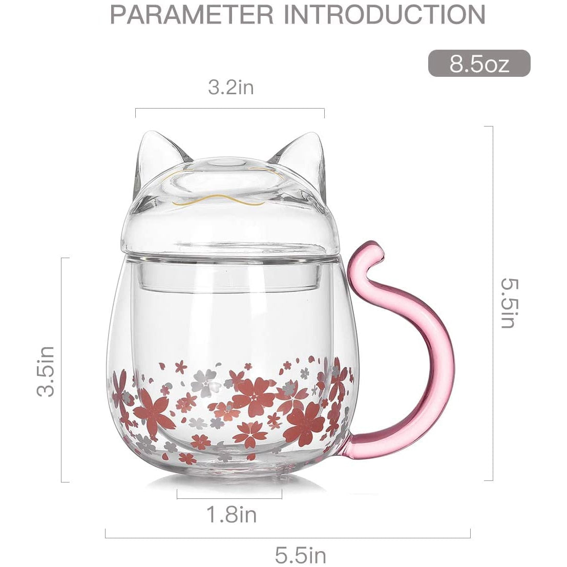 Kawaii Sakura Cat Glass Cup With Lid Dimensions - 3.2" by 5.5"