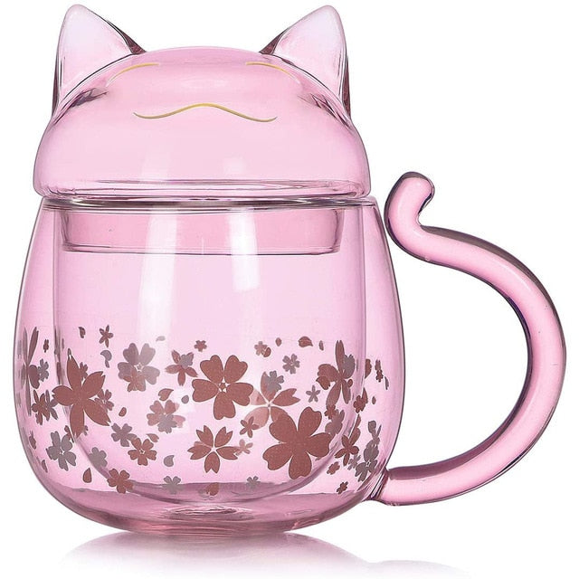 Pink Sakura Cat Glass Cup