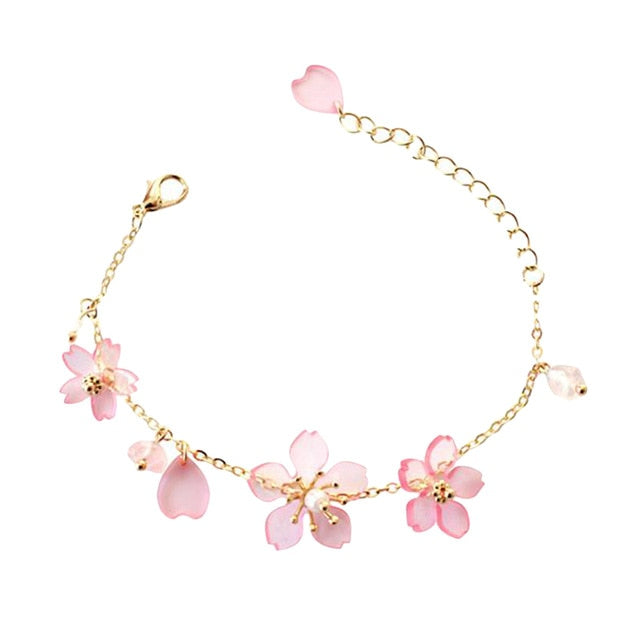 Cute Pink Cherry Blossom Crystal Bracelet
