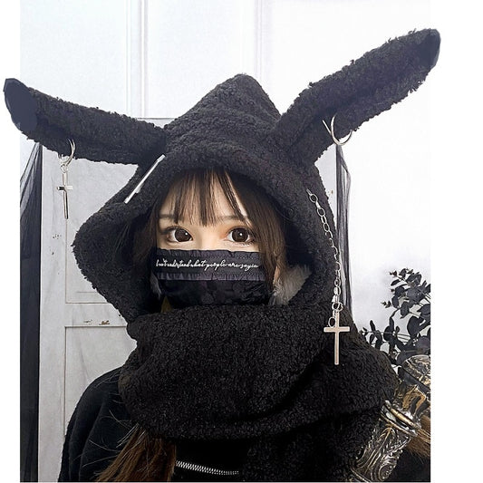 Model Wearing Gothic Bunny Hooded Scarf