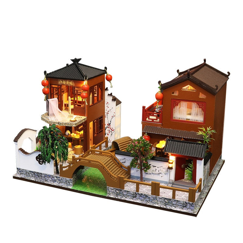 Chinese Ancient Town Dollhouse Kit with Furniture and LED Lights