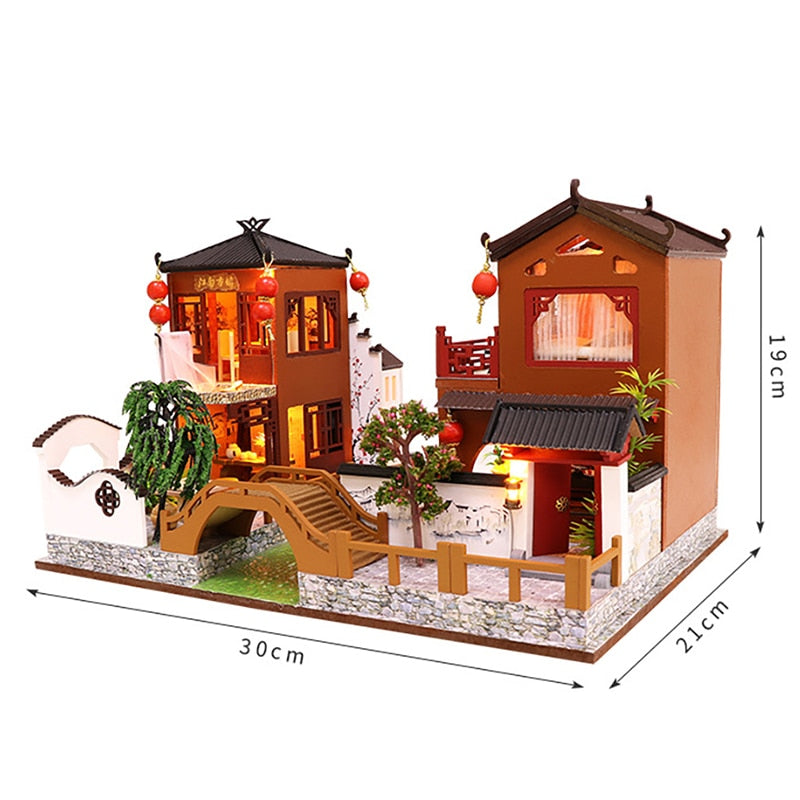 Chinese Ancient Town Dollhouse Kit with Furniture and LED Lights