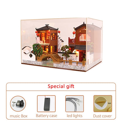 Chinese Ancient Town Dollhouse Kit with Furniture and LED Lights With Dust Cover