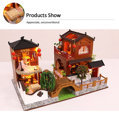 Chinese Ancient Town Dollhouse Kit with Furniture and LED Lights