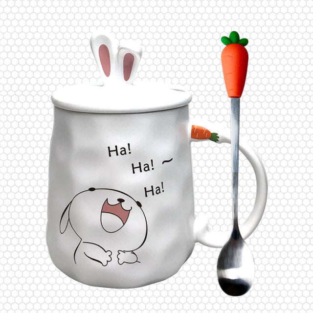 Kawaii Ceramic Bunny Mug with Lid and Spoon