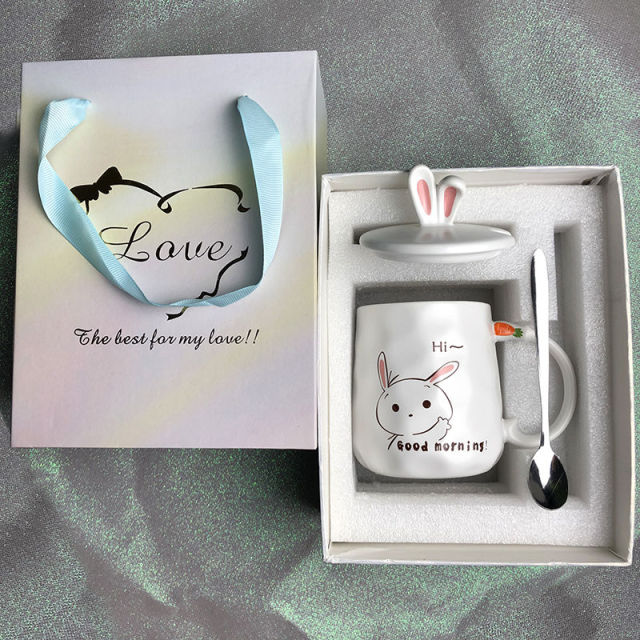 Kawaii Ceramic Bunny Mug with Lid and Spoon