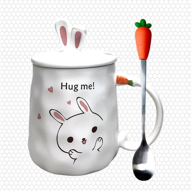 Kawaii Ceramic Bunny Mug with Lid and Spoon