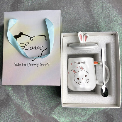 Kawaii Ceramic Bunny Mug with Lid and Spoon