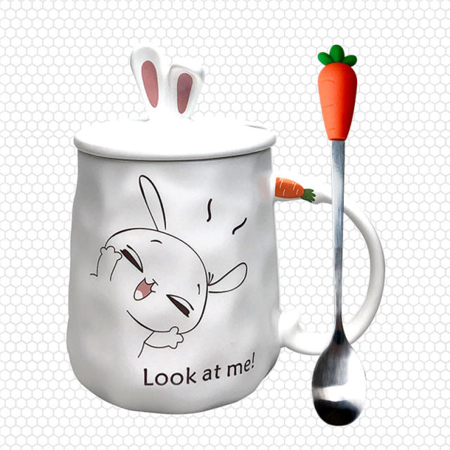 Kawaii Ceramic Bunny Mug with Lid and Spoon