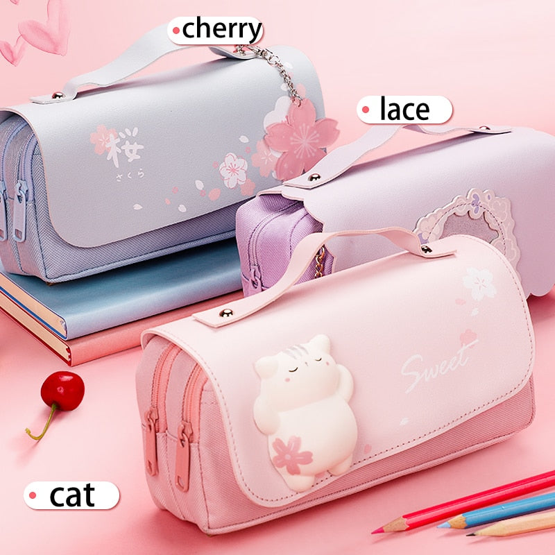 Blue, Purple, and Pink Sakura Cat Kawaii Pencil Bag
