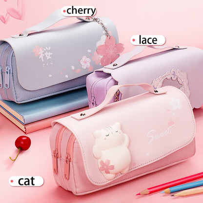Blue, Purple, and Pink Sakura Cat Kawaii Pencil Bag