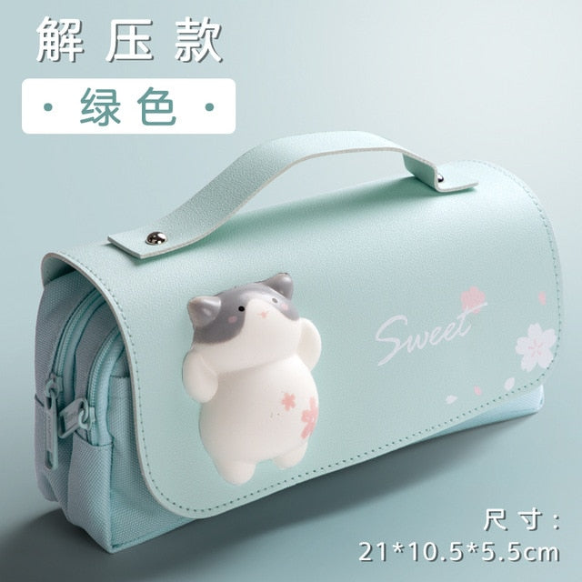 Kawaii Green Sakura Cat Pencil Bag