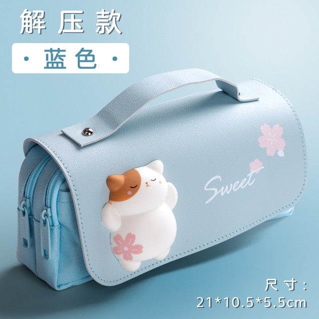 Kawaii Blue Sakura Cat Pencil Bag