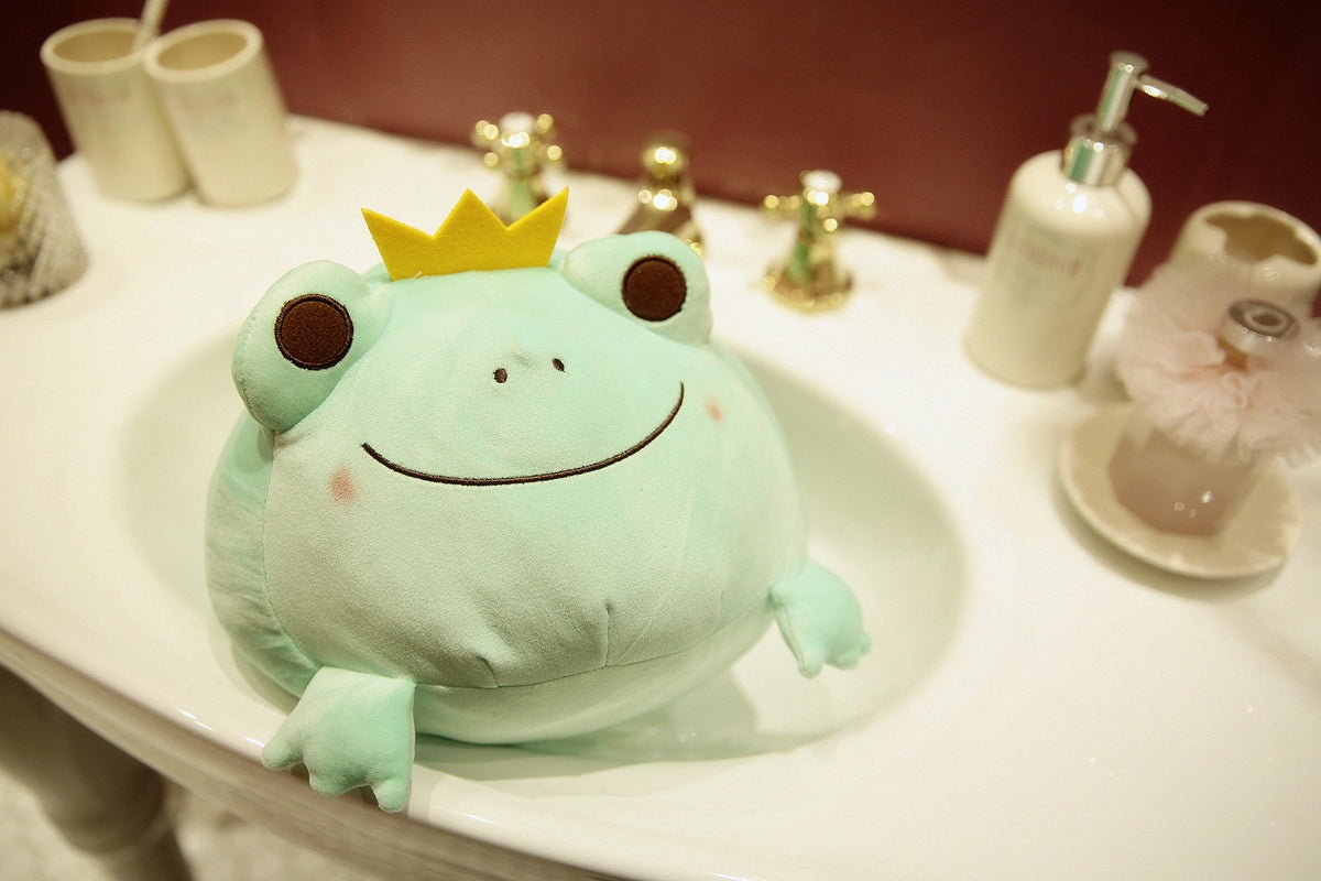 Kawaii Green Frog Prince Plushie in a Sink