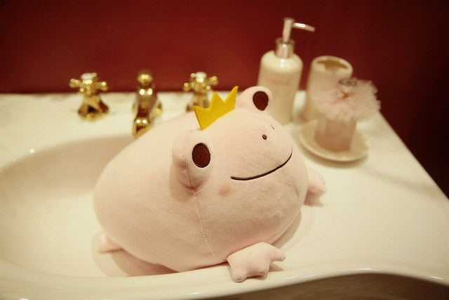 Kawaii Pink Frog Prince Plushie in a Sink
