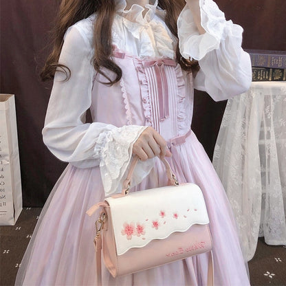 Girl Holding Kawaii Cherry Blossom Embroidered Purse in Pink and White