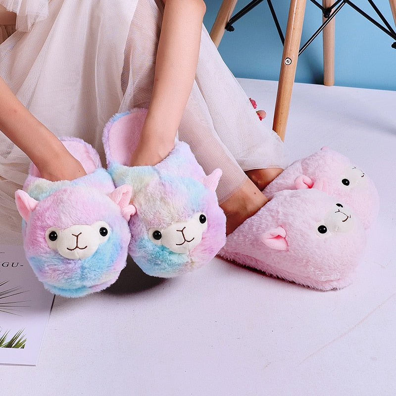 Pink and Multi-Color Alpaca Plush Slippers