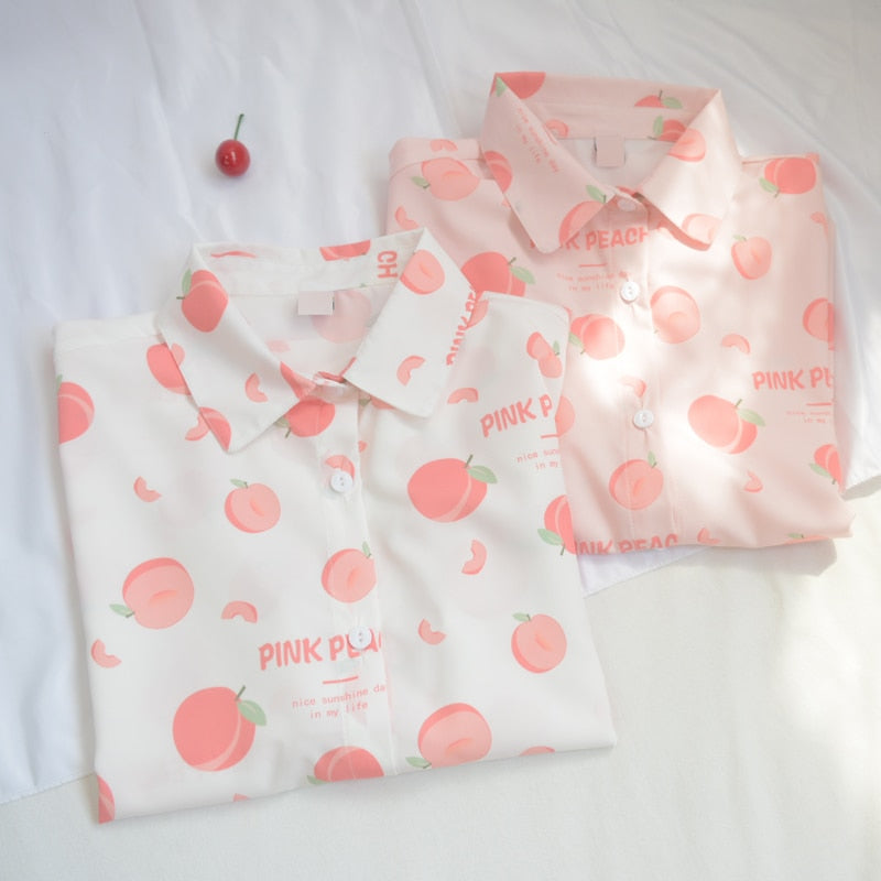 Kawaii Pink and White Peach Print Blouses Folded