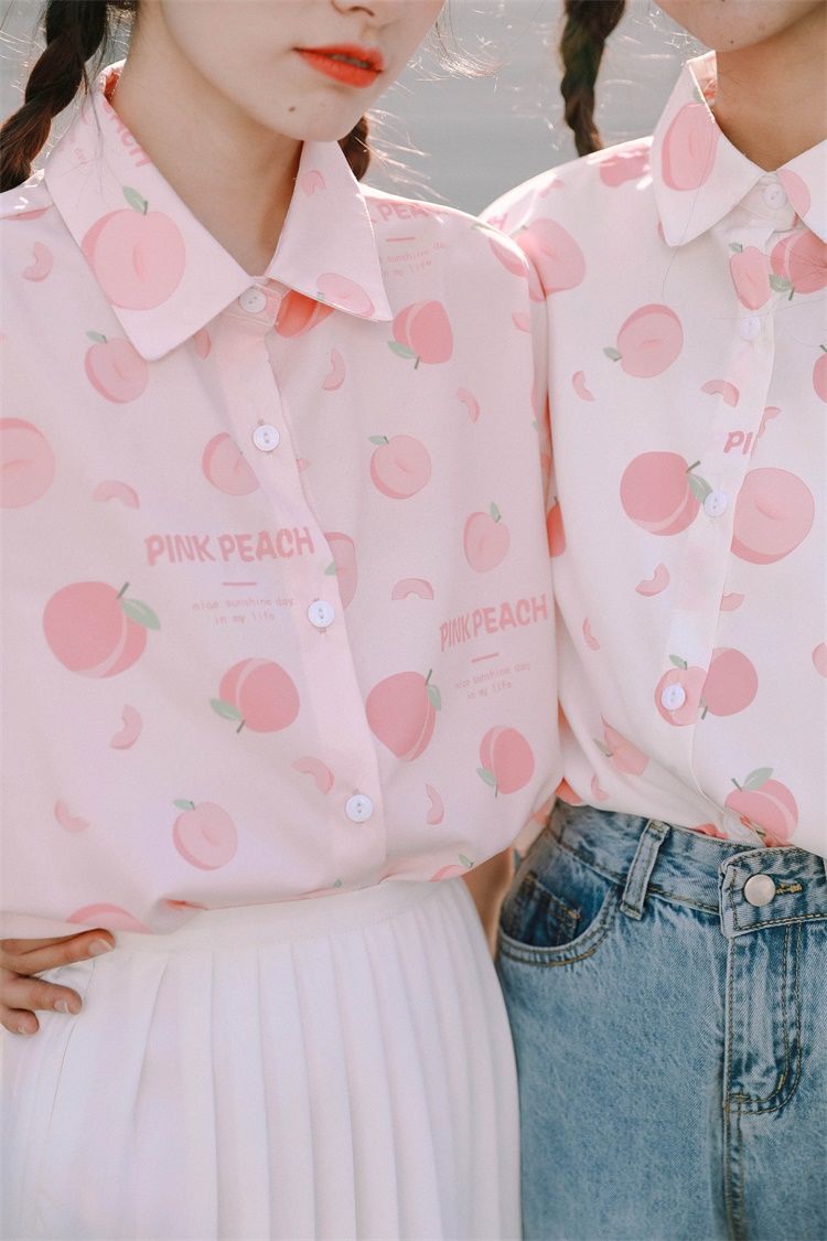 Close Up of Kawaii Peach Print Blouses