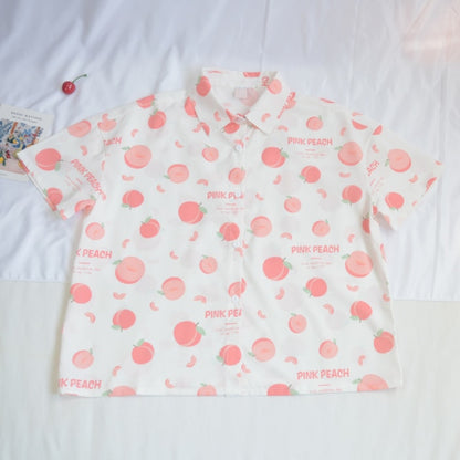 Kawaii White Peach Print Blouse