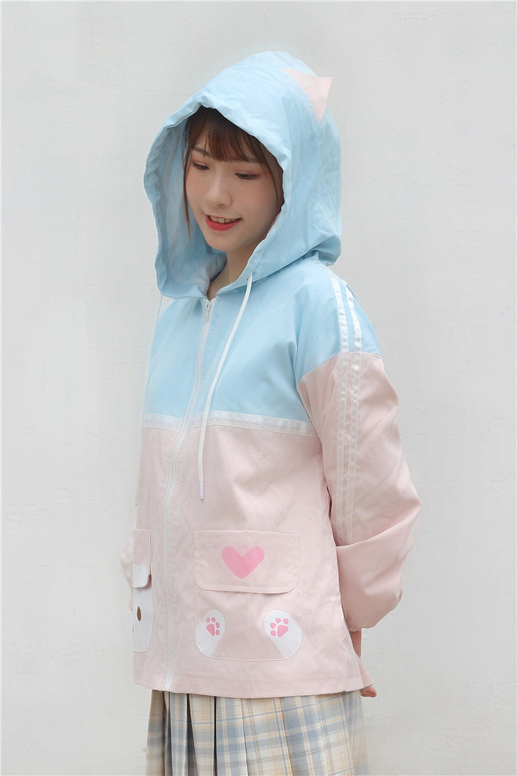 Model Wearing Blue and Pink Pastel Neko Hoodie